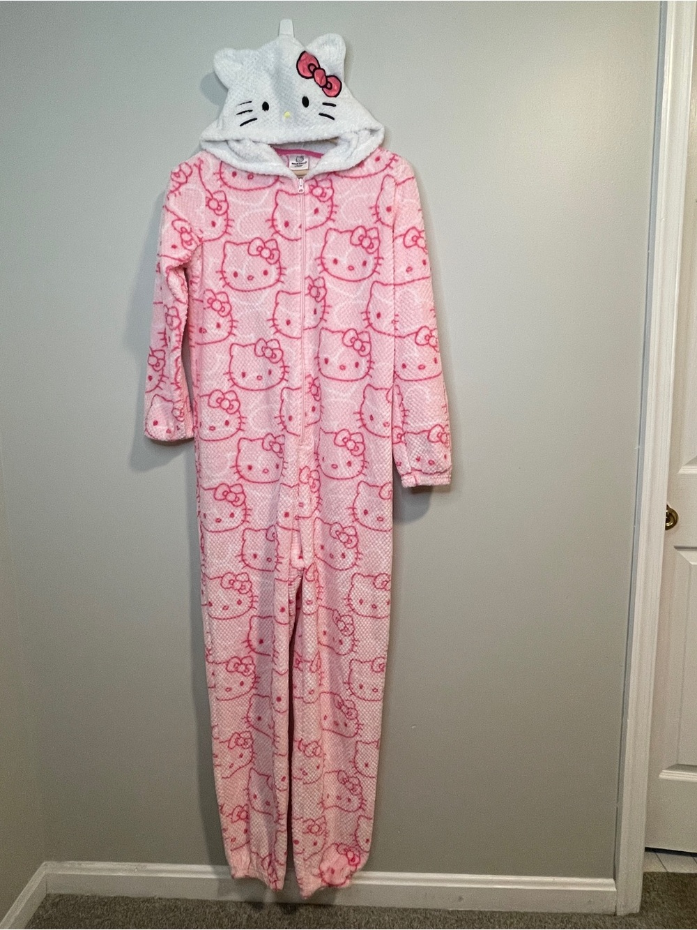 Hello Kitty Pink & White Hooded Fleece Jumpsuit Romper